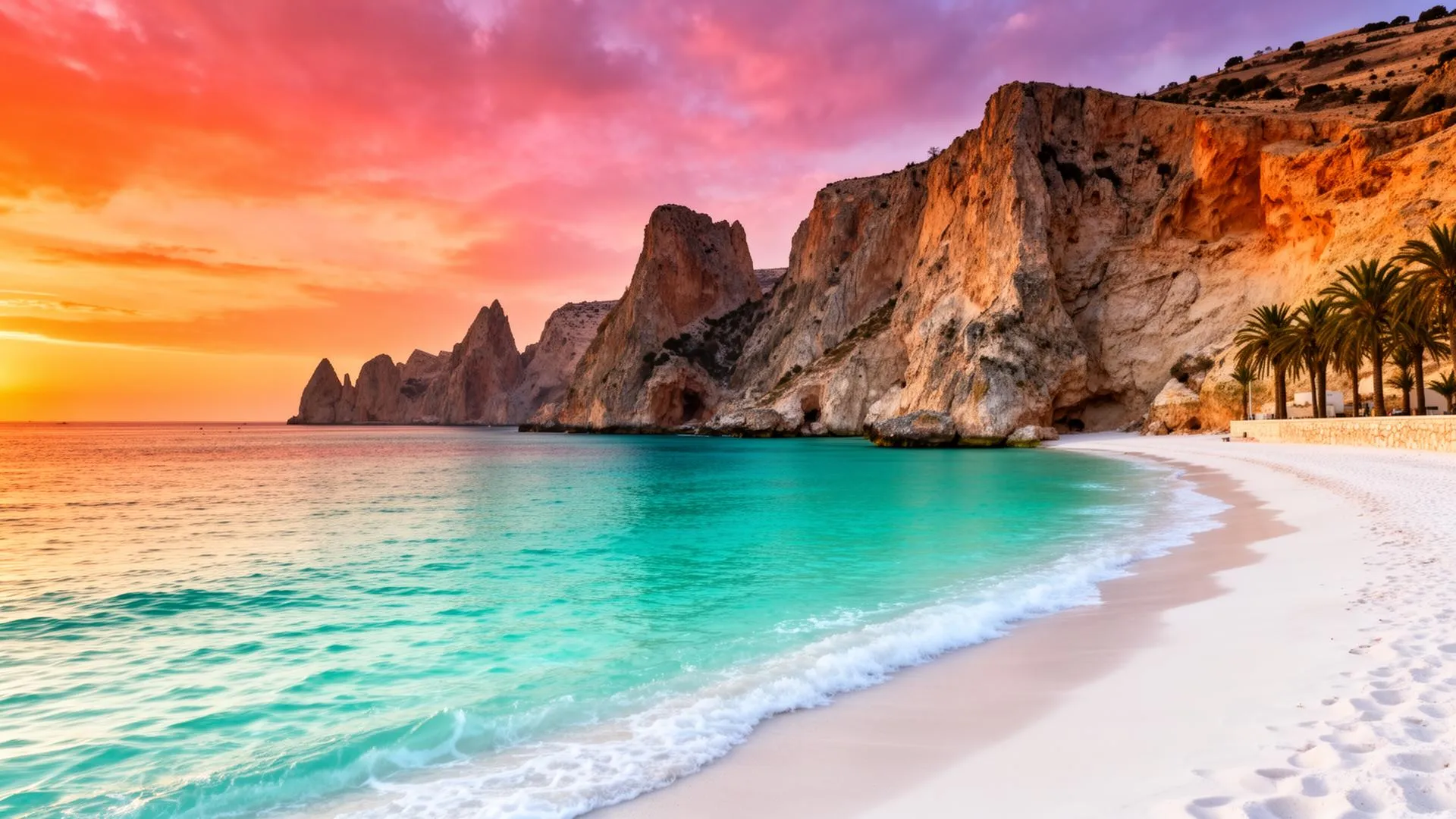 Plage algérienne au coucher de soleil — eaux turquoise et falaises méditerranéennes