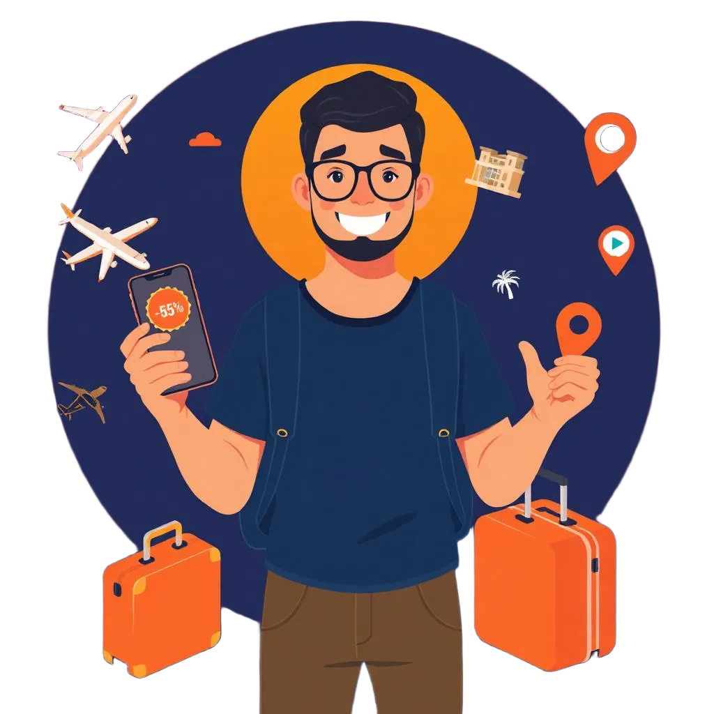 Voyageur souriant tenant un smartphone affichant -5%, entouré d'icônes voyage